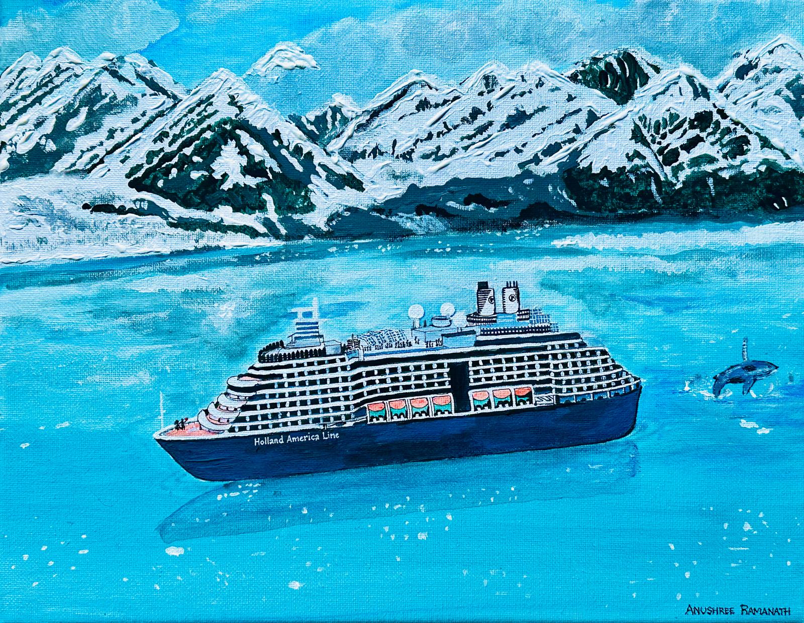 A painting of a cruise ship sailing through bright blue glacial waters beneath snow-covered mountains