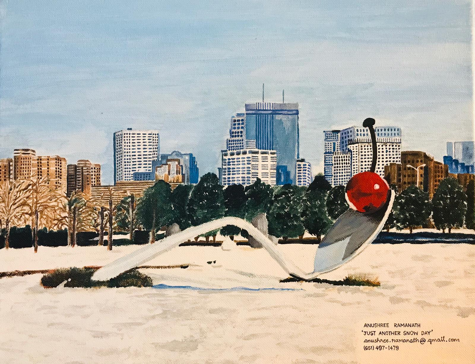 A winter painting of the Spoonbridge and Cherry sculpture with the Minneapolis skyline